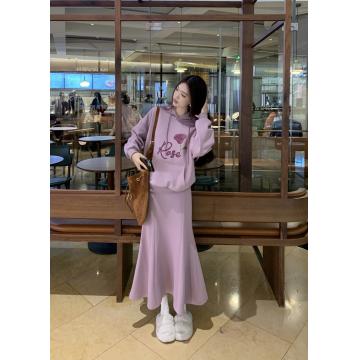 RM31202#新色显白休闲紫色玫瑰加绒卫衣+同色鱼尾半裙两件套
