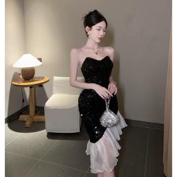 RM31298#女装新款高级感黑白撞色修身包臀生日聚会晚礼服连衣裙