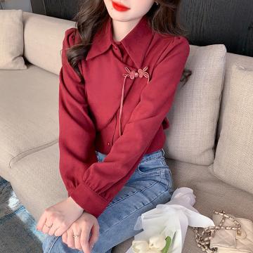 RM31323#新款新中式女装国风衬衫红色衬衣设计感盘扣漂亮上衣