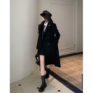RM31328#大码黑色气质大衣女秋冬收腰系带中长款毛呢外套风衣