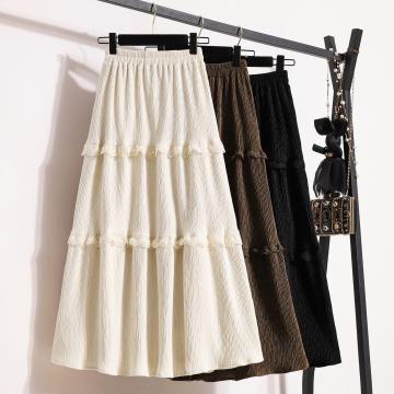 RM31362#新款丝绒半身裙a字蛋糕蕾丝花边压褶裙长款大摆裙子