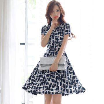 RY2652#夏装新款韩版复古印花修身显瘦弹力连衣裙女荷叶边中裙