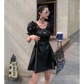 RM31508#夏装新款韩版暗黑小众设计露背PU皮吊带背心镂空短连衣裙