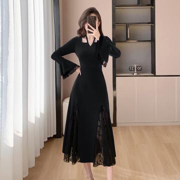 RM31521#松本开叉蕾丝裙女高级感纯欲黑色挂脖丝绒连衣裙蕾丝裙
