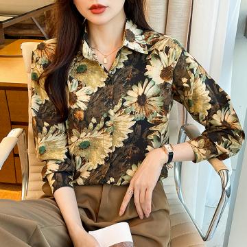 RM31546#新款韩版设计感油画风印花长袖时尚气质衬衫