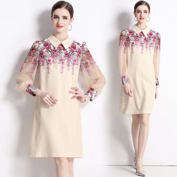 RM31665#春夏新款高端女装时尚定位印花翻领拼接透明袖连衣裙