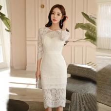 RM29256#新款韩版时尚气质优雅显瘦性感露背蕾丝简约七分袖连衣裙