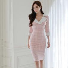 RM29258#新款韩版时尚气质优雅显瘦V领名媛风甜美中裙格纹连衣裙