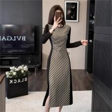 RM29354#韩国chic秋季设计感小众简约撞色条纹显瘦修身洋气包臀连衣裙女装