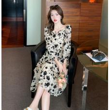 RM29478#植绒泡泡袖连衣裙赫本风法式高级感设计感长裙M-4XL200斤