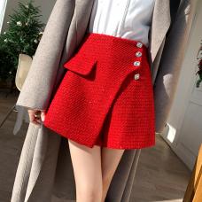 RM29976#红色圣诞过年小香风毛呢半身裙女高腰不规则A字裙设计感裙裤