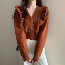 RM30239#毛衣复古日系慵懒风短款V领针织开衫外套女秋季高腰修身减龄上衣