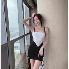 RM30305#纯欲风设计感性感蕾丝拼接假两件吊带包臀撞色连衣裙