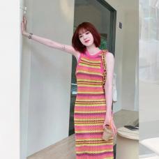 RM30381#茶歇法式彩虹条纹背心连衣裙女夏高级感小众设计小个子无袖长裙子
