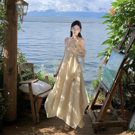 RM30637#夏季国风新中式吊带V领天丝连衣裙女收腰显瘦设计感长裙子