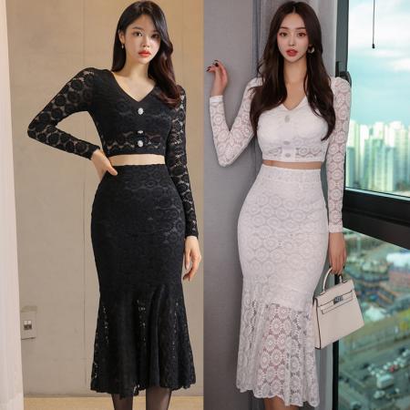 RM30647#新款两件套2024春季韩版修身蕾丝上衣时尚收腰包臀鱼尾裙套装