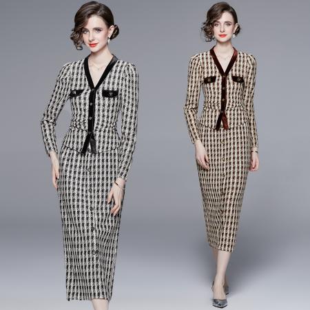 RM30734#新款气质千鸟格小香风外套搭配半身裙时尚两件套