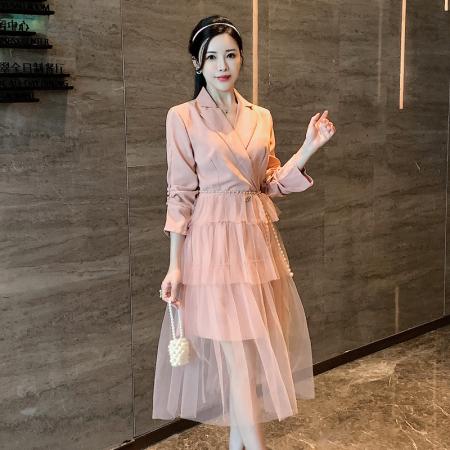 RM30736#新款西装领珍珠扣拼接网纱蛋糕裙气质连衣裙女