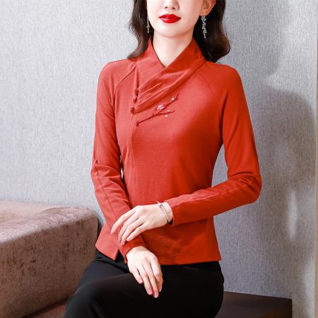RM30952#新款纯色中国风盘扣刺绣长袖打底衫女修身显瘦上衣