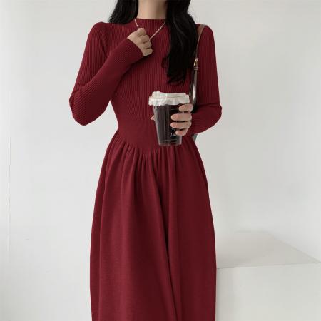 RM31057#半高领针织连衣裙女秋冬法式小个子气质显瘦收腰中长款打底毛衣裙