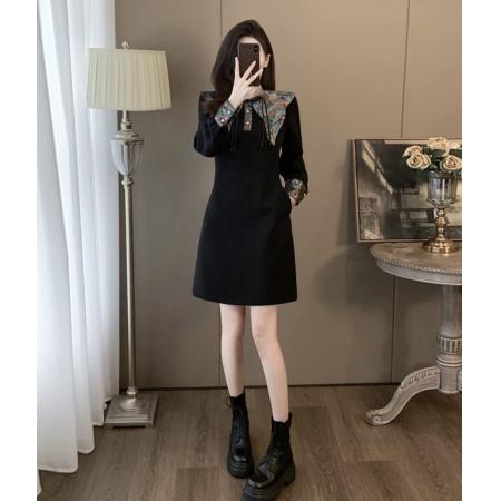 RM31086#新中式国风高端女装黑色连衣裙秋冬高级感显瘦中长款打底裙子