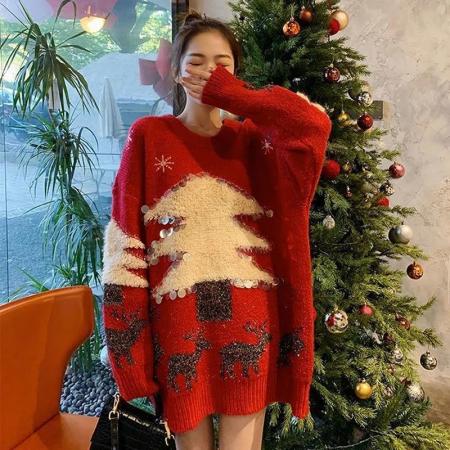 RM31124#新年红圣诞树毛衣女冬氛围设计感洋气减龄宽松亮片针织上衣