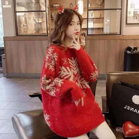 RM31135#圣诞节雪花毛衣女加绒款秋冬外穿韩版宽松套头红色针织上衣