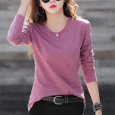RM31458#韩版新款大码女装长袖T恤女2024春季新款纯色外穿或打底上衣
