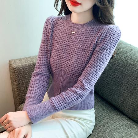 RM31611#新款时尚洋气半拉链上衣针织衫慵懒套头紫色毛衣女