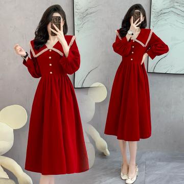 RM31702#新款法式复古赫本风连衣裙红色女气质金丝绒长袖裙子