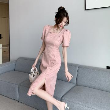 RM31718#夏季新款女神范修身显瘦方领新中式国风盘扣优雅开叉裙子