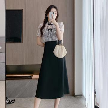 RM31720#新中式提花盘扣薄款短袖罩衫吊带连衣裙女夏季时尚两件套