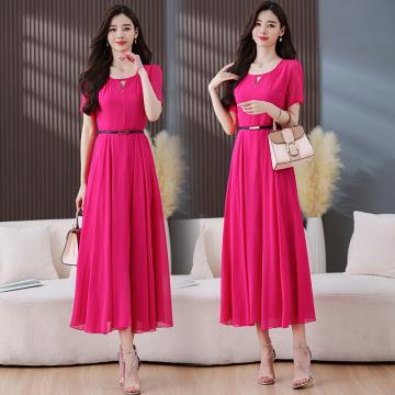 RM31729#玫红色雪纺连衣裙女夏季 新款气质时尚高级感减龄显瘦长款裙子
