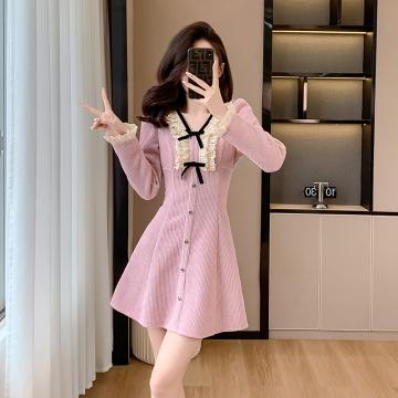 RM31759#新款甜美粉色v领连衣裙女小香风高级感打底针织裙子