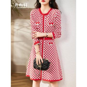 RM31776#针织连衣裙冬季 新款女收腰显瘦气质内搭御姐轻熟风红色裙子