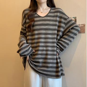 RM31804#胖MM春季新款大码韩版宽松条纹针织减龄T恤女上衣