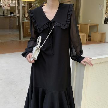 RM31818#娃娃领黑色长袖连衣裙法式气质温柔风宽松显瘦长裙