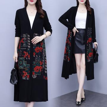 RM31850#大码女装 春款时尚花色长款气质外套洋气长袖开衫
