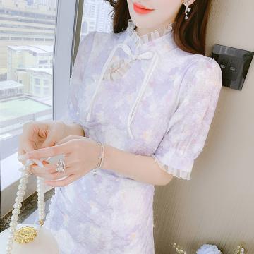 RM32005#新款宫廷风改良旗袍连衣裙法式褶皱设计显瘦小个子紫色短裙
