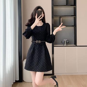 RM32072#名媛法式小香风连衣裙女春季新款长袖提花高级感显瘦小黑裙