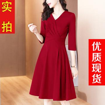 RM32079#红色连衣裙 新款秋装法式高端气质显瘦赫本风小红裙