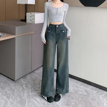 RM32095#美式复古阔腿牛仔裤女秋季新款高腰显瘦垂感直筒长裤子