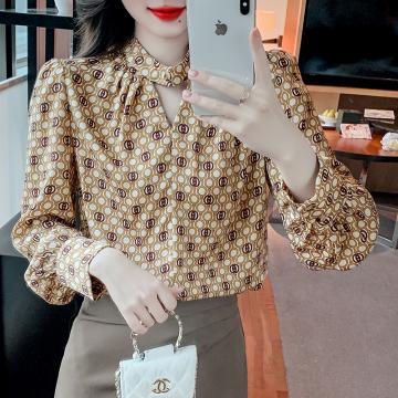 RM32118#新款气质知性小V领衬衫时尚印花长袖女士衬衣