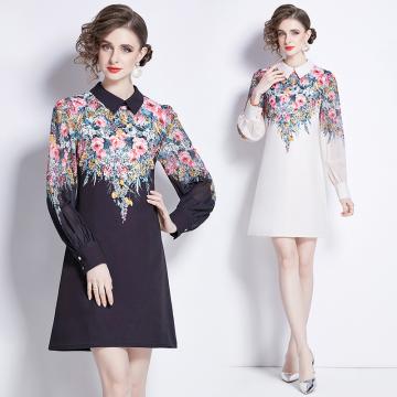 RM32166#新款时尚定位印花拼接透明袖连衣裙