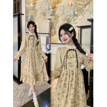 RM32185#枫叶银杏 新中式森系黄色连衣裙