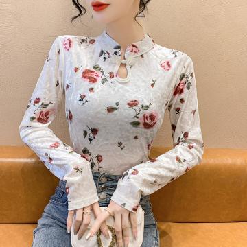 RM32284#印花T恤女春秋弹力网纱复古休闲修身长袖打底衫