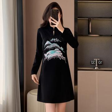 RM32345#高端精致刺绣连衣裙女 新款高级感气质黑色裙子