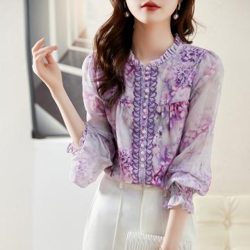 RM32373#新款韩版高级感薄款气质显瘦洋气重工印花灯笼长袖衬衫女