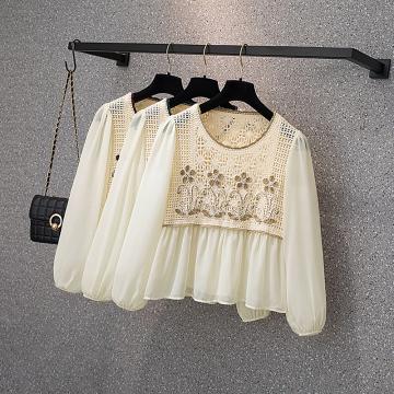 RM32461#新款洋气绣花套头圆领假两件拼接长袖针织衫上衣