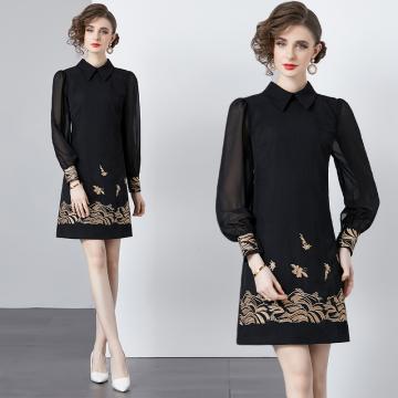 RM32472#高端女装2024新款重工时尚金线刺绣拼接透明袖连衣裙